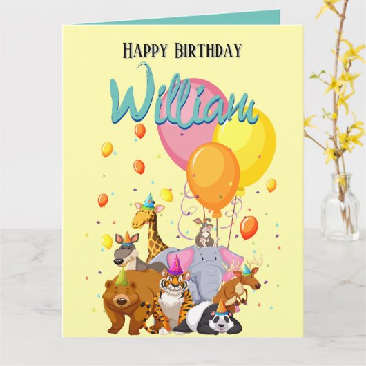 イエローアニマルバースデーパーティー カード (黄色い花)