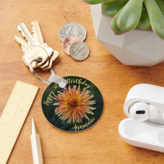 イエローアンドオレンジダリアハッピー50誕生日 キーホルダー (デスク)