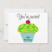 イエローアンドグリーンつや消しバニラさくらんぼカップケーキ 招待状 (正面)