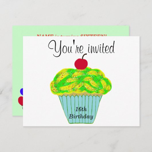 イエローアンドグリーンつや消しバニラさくらんぼカップケーキ 招待状 (正面/裏面)