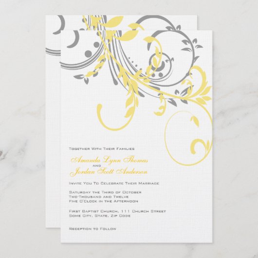 イエローアンドグレーダブルフローラ結婚式招待状 招待状 (正面/裏面)