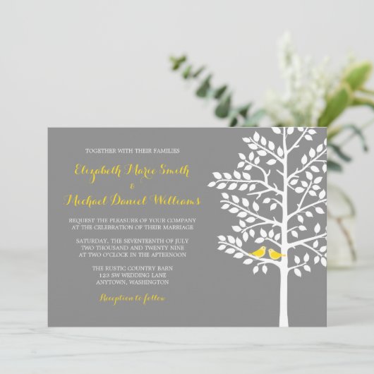 イエローアンドグレーツリーラブバード結婚式招待状 招待状 (スタンド正面)