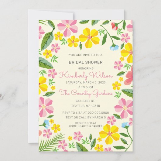 イエローアンドピンクガーデンフローラブライダルシャワー 招待状 (正面)