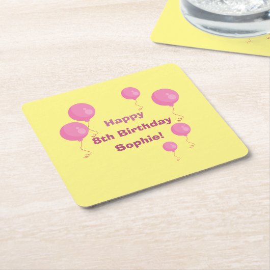 イエローアンドピンクバルーンガール誕生日紙コート スクエアペーパーコースター (アングル)