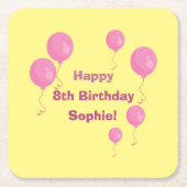 イエローアンドピンクバルーンガール誕生日紙コート スクエアペーパーコースター (正面)