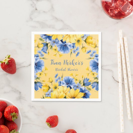 イエローアンドブルーピーニーフローラブライダルシャワー スタンダードカクテルナプキン (インサイチュ)