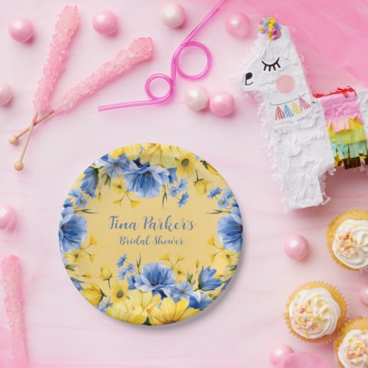 イエローアンドブルーピーニーフローラブライダルシャワー ペーパープレート (パーティー)
