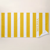 イエローアンドホワイトストライプのネームカバナストライプ ビーチタオル (正面)