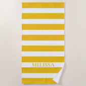 イエローアンドホワイトストライプのネームカバナストライプ ビーチタオル (正面)