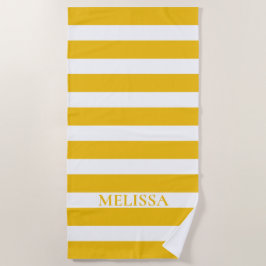 イエローアンドホワイトストライプのネームカバナストライプ ビーチタオル