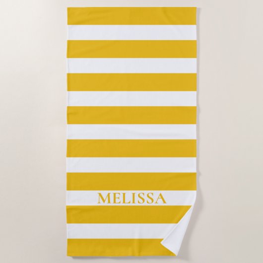 イエローアンドホワイトストライプのネームカバナストライプ ビーチタオル (正面)