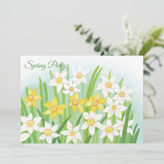 イエローアンドホワイトダフォジル春パーティーカスタム文字 招待状 (スタンド正面)