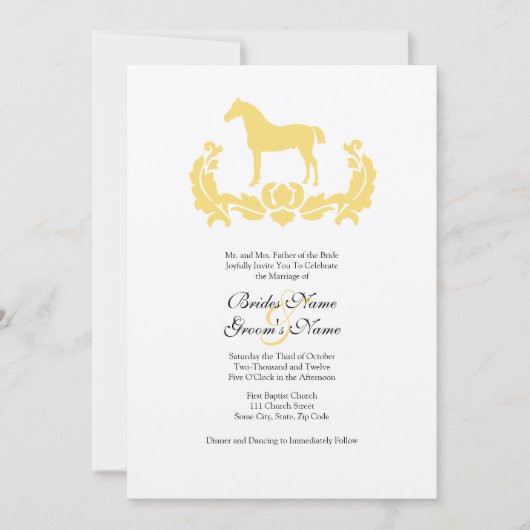 イエローアンドホワイトダマスクホース結婚式招待状 招待状 (正面)