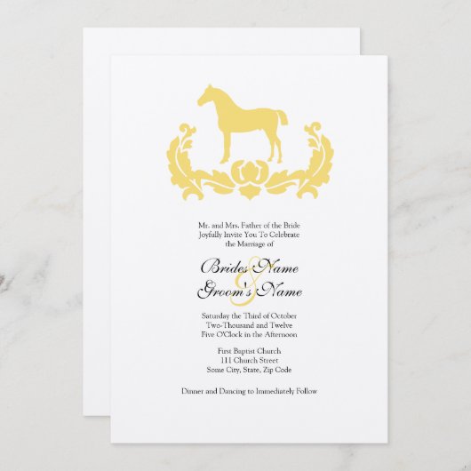 イエローアンドホワイトダマスクホース結婚式招待状 招待状 (正面/裏面)