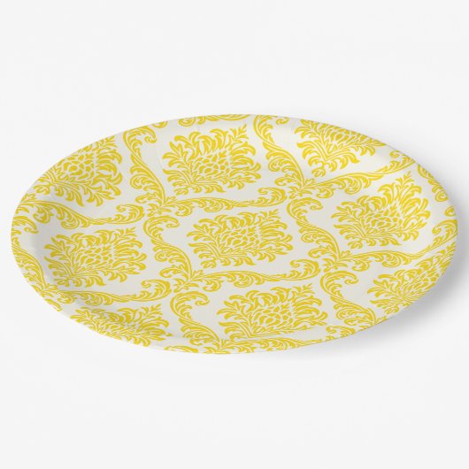 イエローアンドホワイトダマスク紙プレート ペーパープレート (アングル)