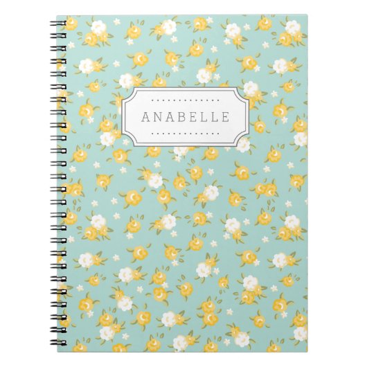 イエローアンドミントシックヴィンテージフローラプリントモノグラム ノートブック (正面)