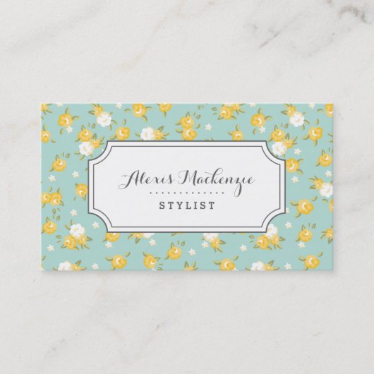 イエローアンドミントシックヴィンテージフローラプリント 名刺 (正面)