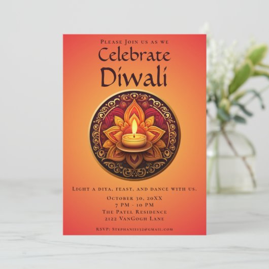 イエローアンドレッドディヤディワリお祝い招待状 招待状 (スタンド正面)