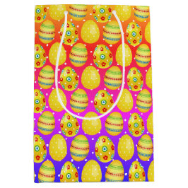 イエローイースターエッグオンレインボー水玉模様 ミディアムペーパーバッグ