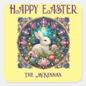 イエローイースターバニーアールヌーボーステンドグラス スクエアシール (正面)