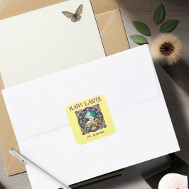 イエローイースターバニーアールヌーボーステンドグラス スクエアシール