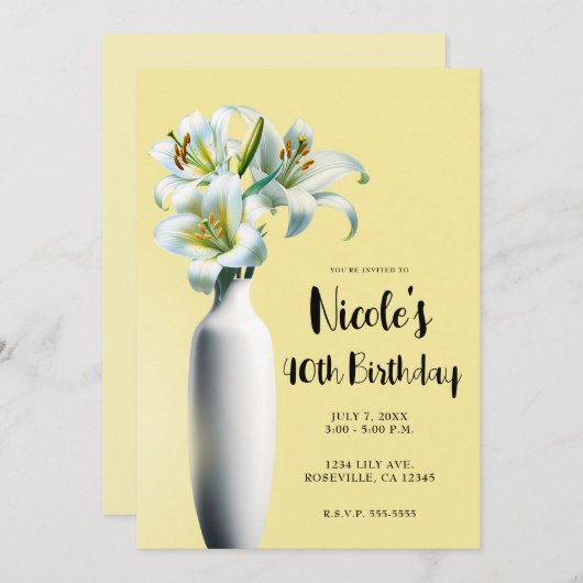 イエローイースターリリー花瓶フローラ誕生日パーティー 招待状 (正面/裏面)