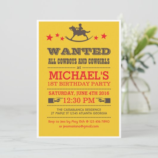 イエローウォッチングウェスタンカウボーイ誕生日招待状 招待状 (スタンド正面)