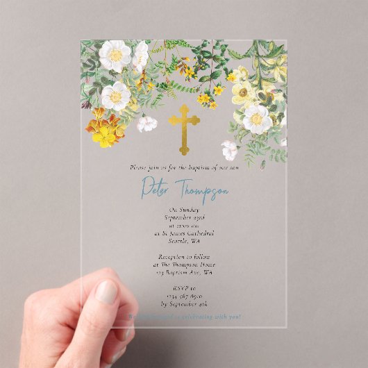 イエローウォータカラーバラフラワーガーデンボーイバプテスマ アクリル招待状 (インサイチュ (ポータブル))