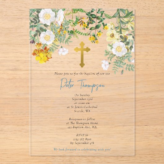 イエローウォータカラーバラフラワーガーデンボーイバプテスマ アクリル招待状 (正面)