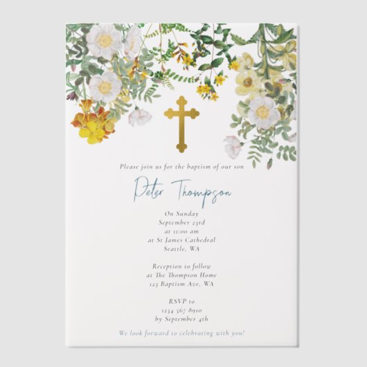 イエローウォータカラーバラフラワーガーデンボーイバプテスマ ベラム紙招待状 (正面)