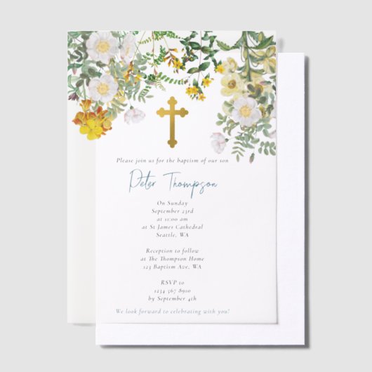 イエローウォータカラーバラフラワーガーデンボーイバプテスマ ベラム紙招待状 (オフセット)