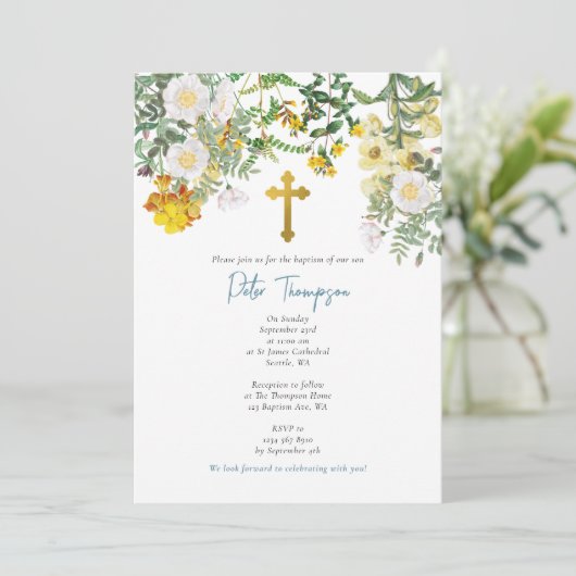 イエローウォータカラーバラフラワーガーデンボーイバプテスマ 招待状 (スタンド正面)