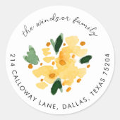 イエローウォータカラーフローラブーケ差出人住所 ラウンドシール (正面)