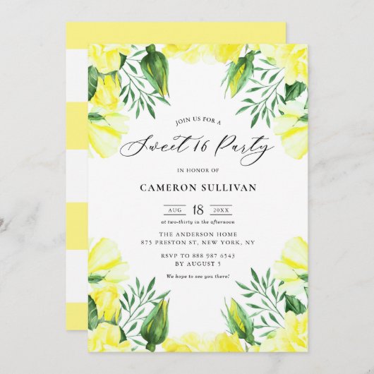 イエローウォーターカラーバラガーランドスウィート16パーティー 招待状 (正面/裏面)