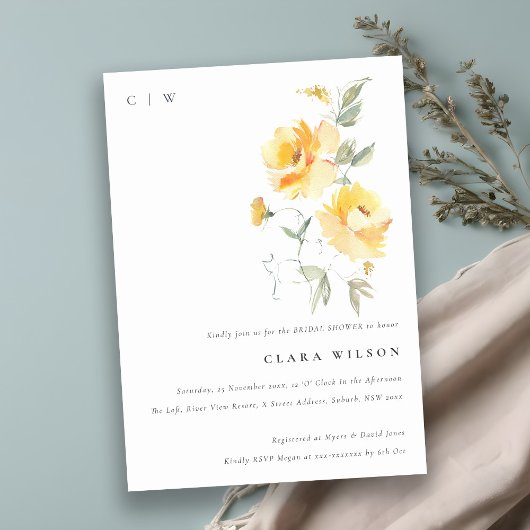 イエローウォーターカラーバラフラワーバンチブライダルシャワー 招待状