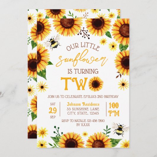 イエローウォーターカラーヒマワリ2歳誕生日 招待状 (正面/裏面)