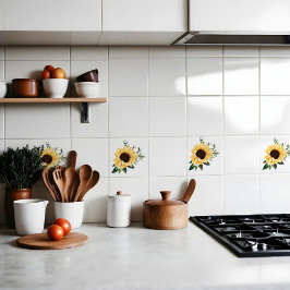 イエローウォーターカラーヒマワリ&ワイルドフラワーデザイン タイル