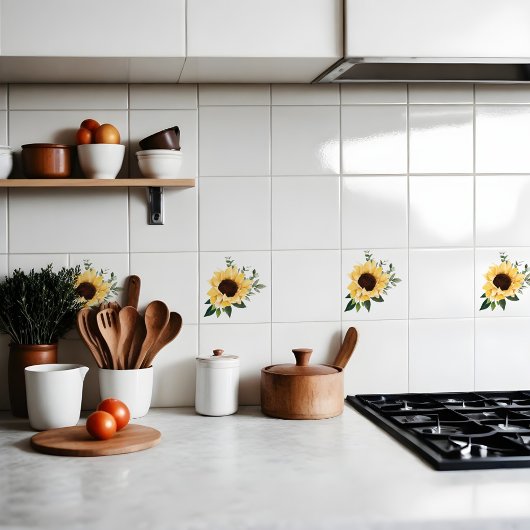 イエローウォーターカラーヒマワリ&ワイルドフラワーデザイン タイル