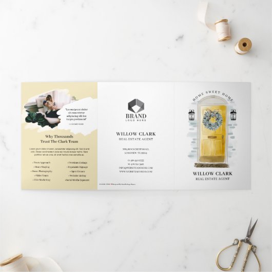 イエローウォーターカラーフロントドア実在エステートマーケティング 三つ折りカード (外部)