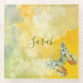 イエローウォーターカラーモノグラム名絞り染め蝶 ガラスコースター (正面)