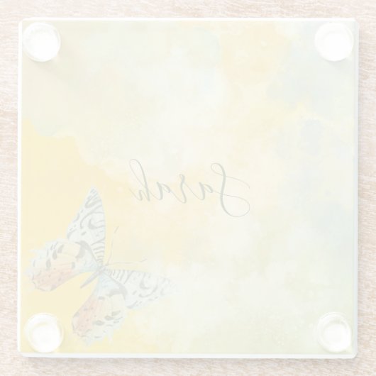 イエローウォーターカラーモノグラム名絞り染め蝶 ガラスコースター (裏面)