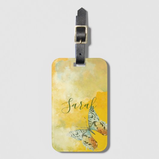 イエローウォーターカラーモノグラム名絞り染め蝶 ラゲッジタグ (正面縦)