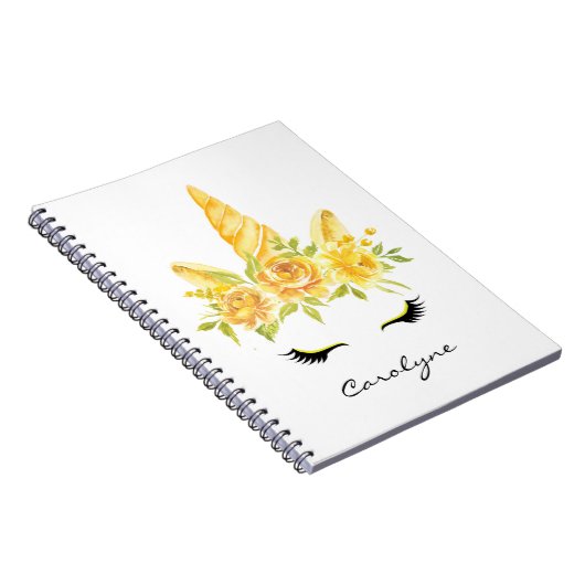 イエローウォーターカラーユニコーンパーソナライズされたフローラ ノートブック (右側)