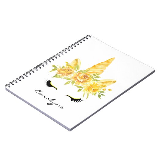 イエローウォーターカラーユニコーンパーソナライズされたフローラ ノートブック (左側)
