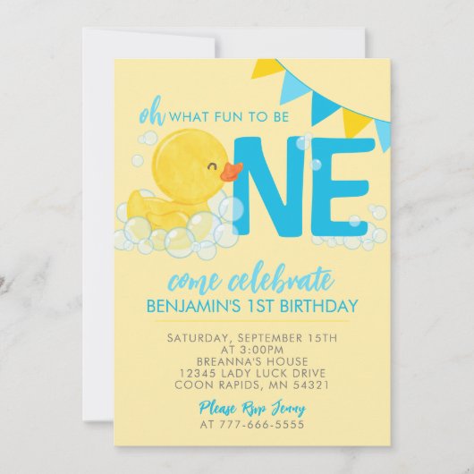 イエローウォーターカラーラバーダック1st誕生日パーティー 招待状 (正面)