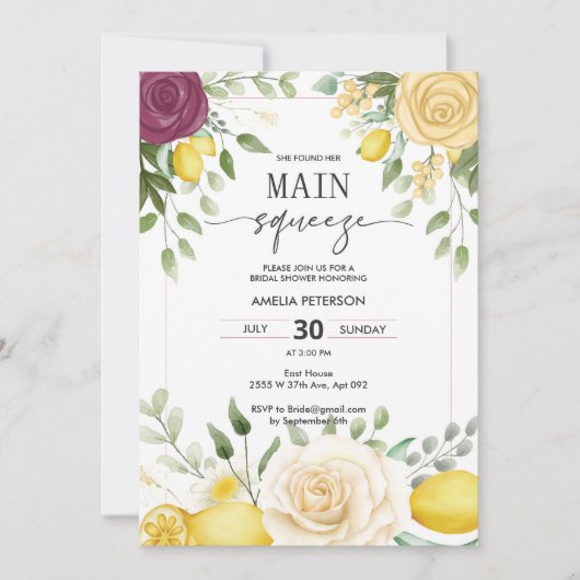 イエローウォーターカラーレモンブライダルシャワーメインスクイーズ 招待状 (正面)