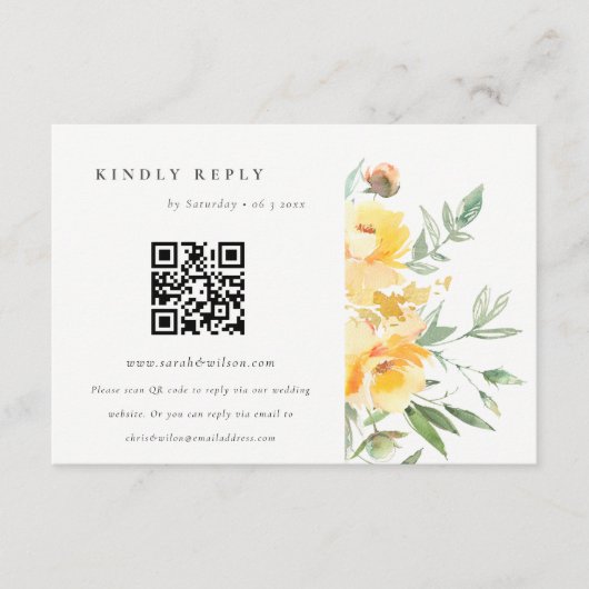 イエローウォーターバラフラワー結婚ズQRコードRSVP エンクロージャーカード (正面)