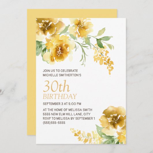 イエローウォーターフローラ女子30歳の誕生日 招待状 (正面/裏面)