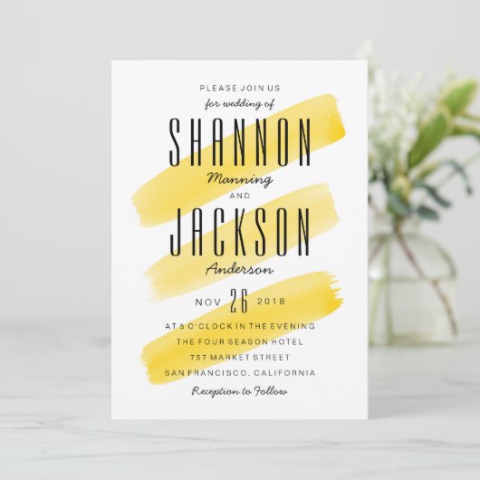 イエローウォーター色のストライプ結婚式招待状 招待状 (スタンド正面)