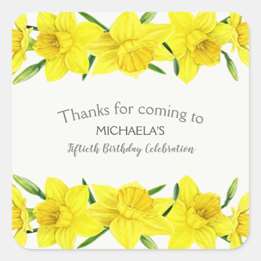 イエローウォーター色の水仙50th誕生日パーティー スクエアシール (正面)